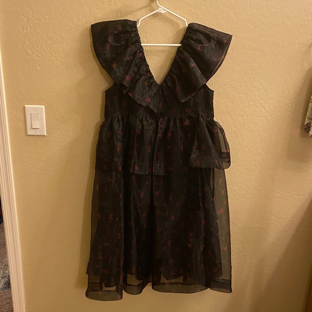 Ganni Black Organza Flower Dress with Ruffle Detail